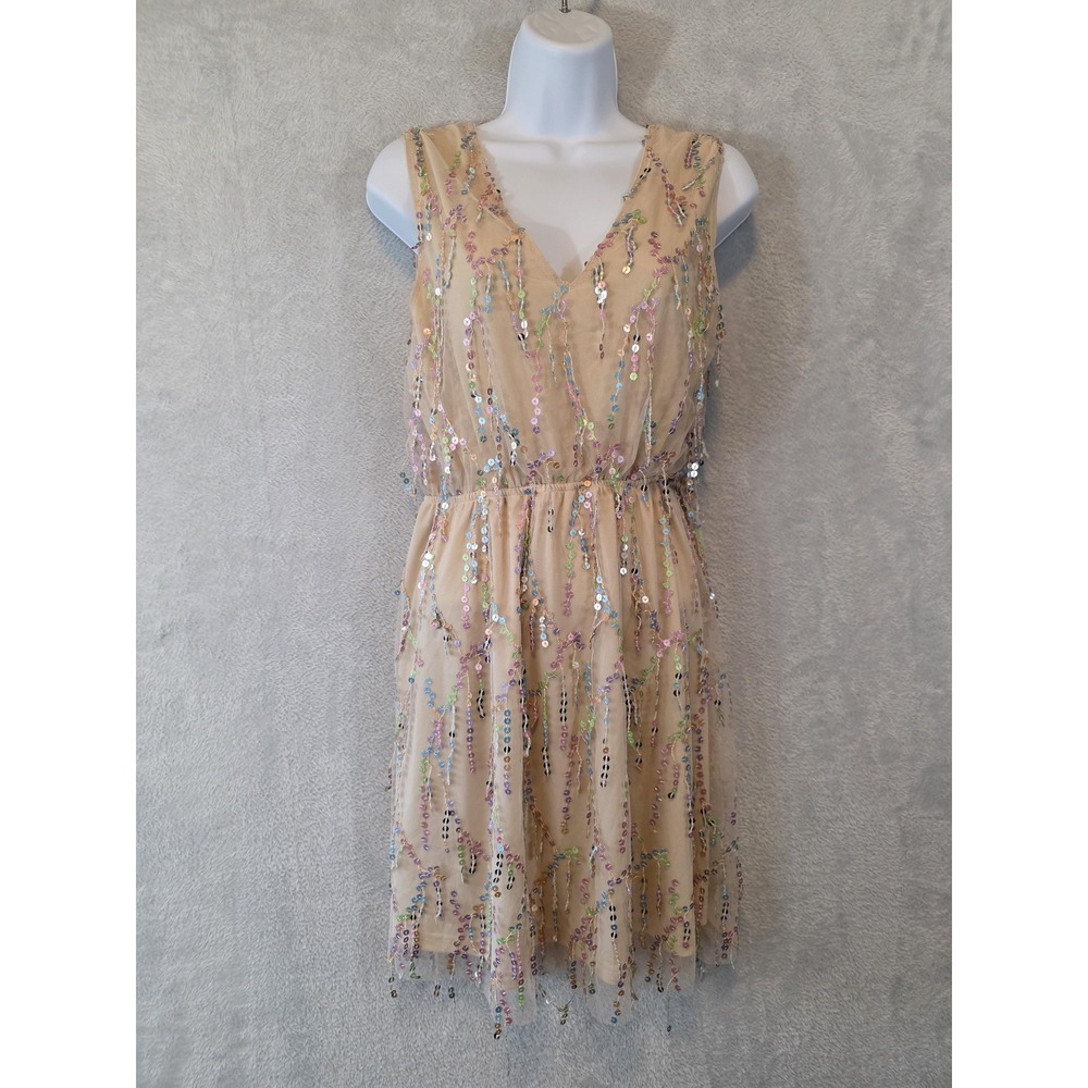 EUC Pastel Sequin Mesh Dress Womens Medium Pink Tulle V-Neck Party Western Rodeo